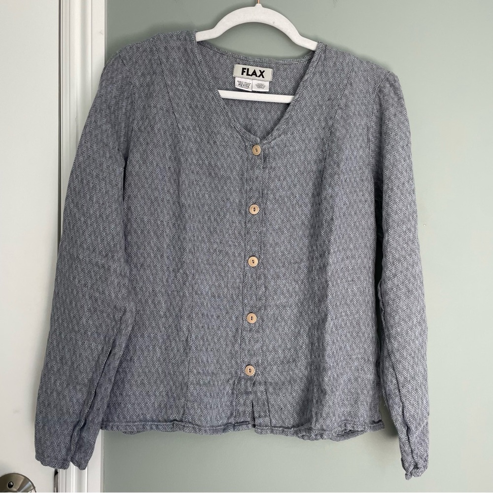 Flax 100% Linen Slate Blue Herringbone Collarless Button Down Top